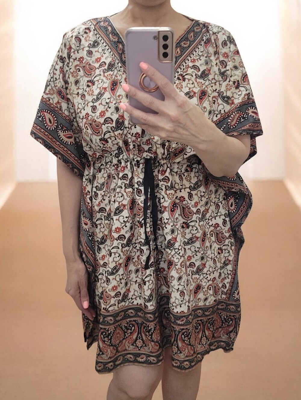 Boho Paisley‎ Print V-Neck Kaftan Dress Short Caftan Drawstring Waist One Size